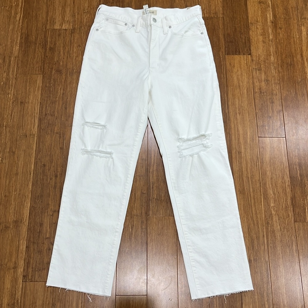 NWT Madewell Perfect Vintage Straight Jean Tile White Ripped-Knee Denim Sz 29